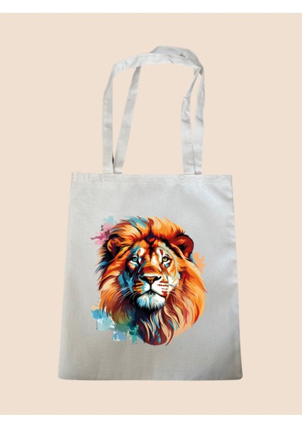 Modern Aslan Basklı Bez Çanta - Büyük Boy Kadın Omuz Çantası