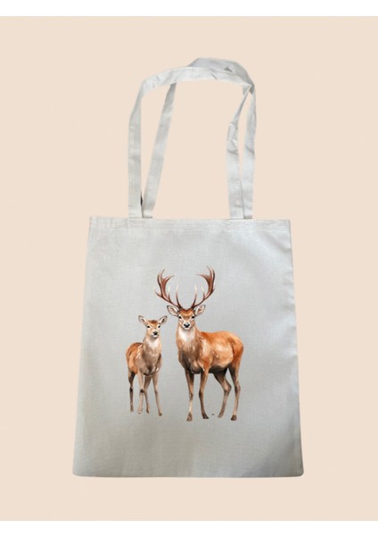 Geyik Baskılı Bez Çanta - Büyük Boy Kadın Omuz Çantası