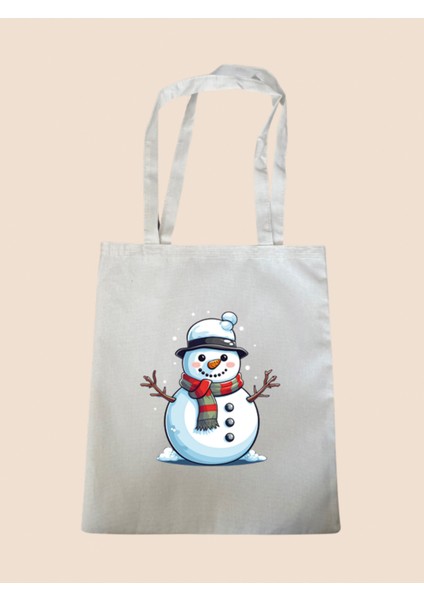 Sevimli Kardan Adam Baskılı Bez Çanta - Büyük Boy Kadın Omuz Çantası