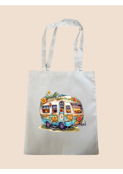 Çiçekli Karavan Baskılı Bez Çanta - Büyük Boy Kadın Omuz Çantası