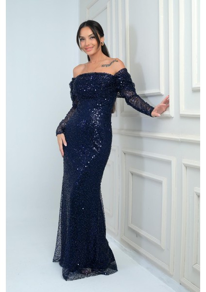 Kadın Uzun Kollu Pulpayet Göğüs Drapeli Astarlı Tasarım Elbise