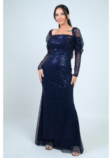 Kadın Uzun Kollu Pulpayet Göğüs Drapeli Astarlı Tasarım Elbise modelleri