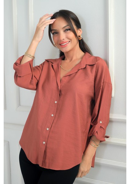 Kadın Kol Katlamalı Lyocell Gömlek