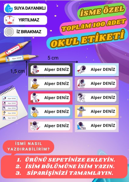 Astronot Temalı Okul Etiketi Defter Etiketi Kalem Etiketi Kişiye Özel Suya Dayanıklı Isimli -04-