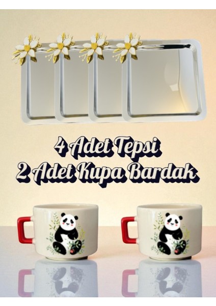 4'lü Papatyalı Tepsi Kahve Sunum Tepsisi 21X21 cm - 2'li Pandalı Küçük Kahve Bardağı Kupa