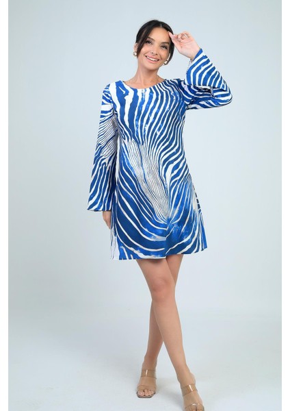 Kadın Yuvarlak Yaka Zebra Desenli Ispanyol Kol Astarlı Kısa Elbise fiyatları