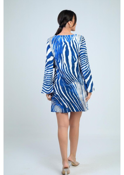 Kadın Yuvarlak Yaka Zebra Desenli Ispanyol Kol Astarlı Kısa Elbise fırsatları