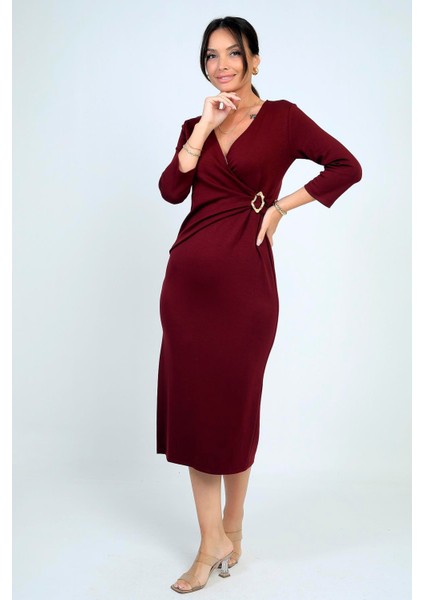 Kadın Kruvaze Yaka Toka Detaylı Yırtmaçlı Midi Elbise modelleri