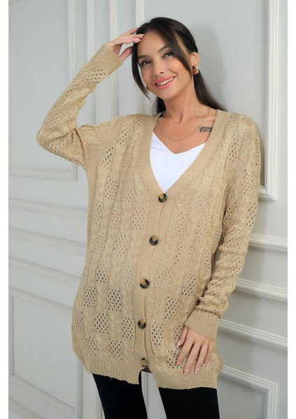 Kadın V Yaka Önü Düğmeli Rahat Kalıp Merserize Hırka