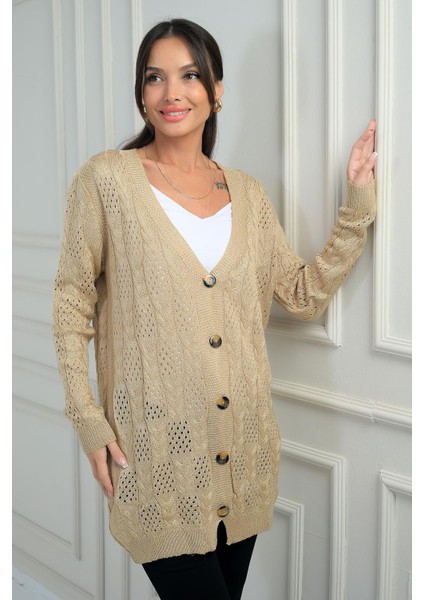 Kadın V Yaka Önü Düğmeli Rahat Kalıp Merserize Hırka fiyatları