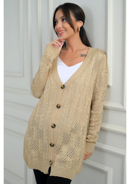 Kadın V Yaka Önü Düğmeli Rahat Kalıp Merserize Hırka modelleri