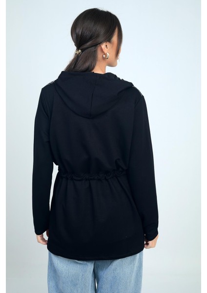 Kadın Kapüşonlu Önü Fermuarlı Deri File Detaylı Beli Bağcıklı Osyho Kumaş Hırka fırsatları