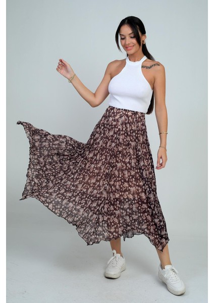 Kadın Beli Lastikli Astarlı Mini Çiçekli Midi Kraşlı Üçgen Etek