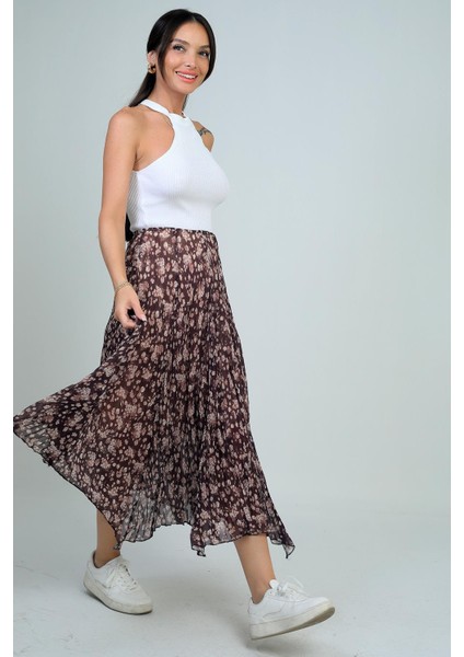 Kadın Beli Lastikli Astarlı Mini Çiçekli Midi Kraşlı Üçgen Etek fiyatları