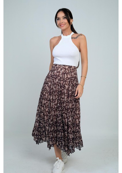 Kadın Beli Lastikli Astarlı Mini Çiçekli Midi Kraşlı Üçgen Etek modelleri