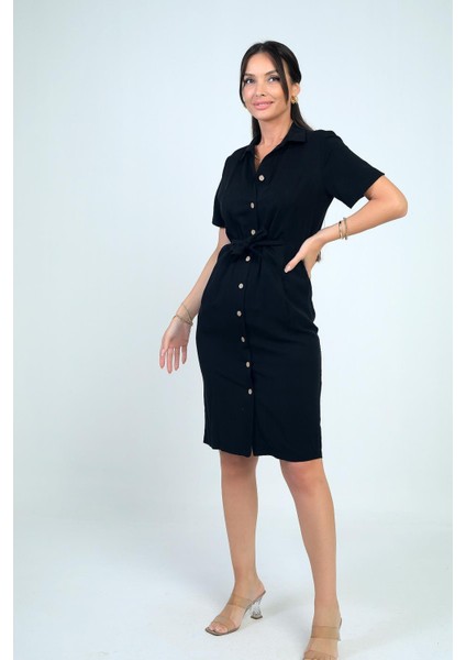 Kadın Ön Bağlamalı Cepli Önü Düğmeli Astarlı Kısa Lyocell Elbise fiyatları