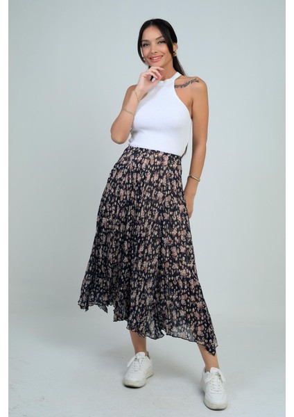 Kadın Beli Lastikli Astarlı Mini Çiçekli Midi Kraşlı Üçgen Etek fiyatları