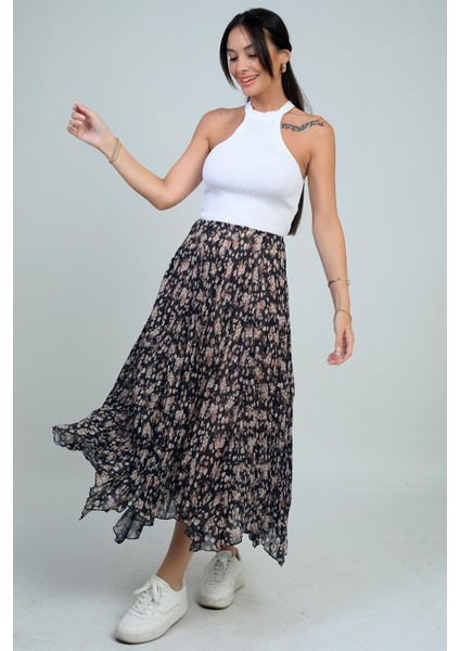 Kadın Beli Lastikli Astarlı Mini Çiçekli Midi Kraşlı Üçgen Etek modelleri