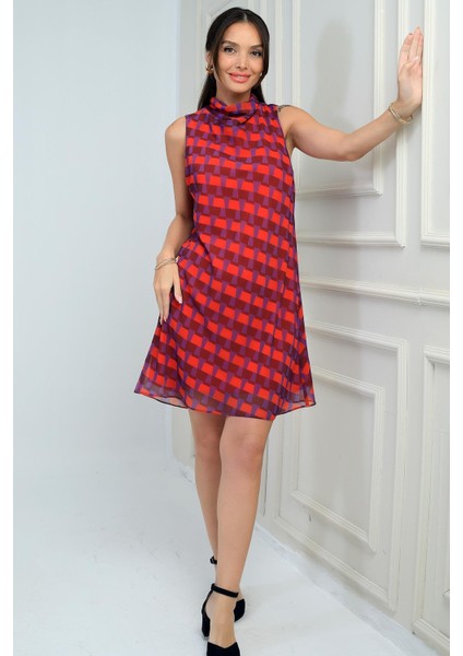 Kadın Degaje Yaka Astarlı Desenli Kısa Şifon Elbise