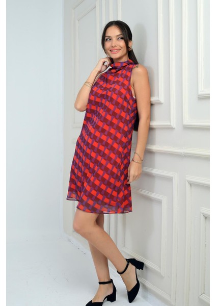 Kadın Degaje Yaka Astarlı Desenli Kısa Şifon Elbise fiyatları