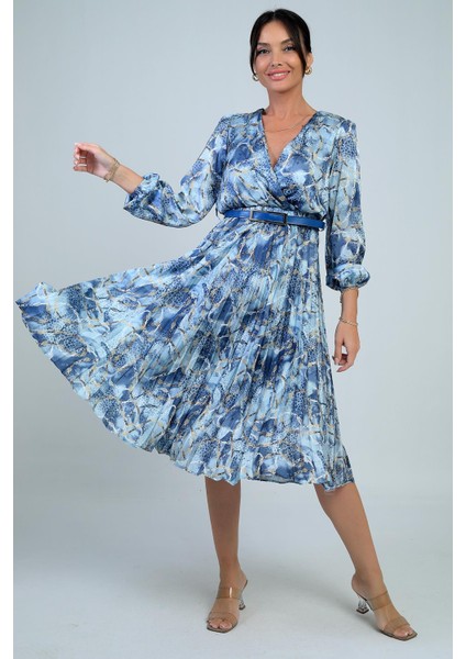 Kadın Kruvaze Yaka Beli Kemerli Astarlı Zincir Desen Piliseli Midi Saten Elbise