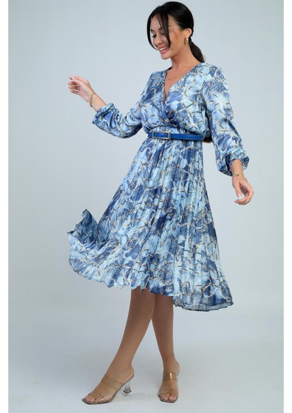 Kadın Kruvaze Yaka Beli Kemerli Astarlı Zincir Desen Piliseli Midi Saten Elbise fiyatları