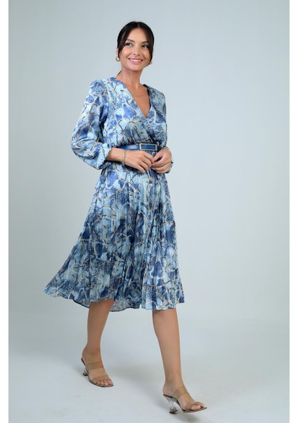 Kadın Kruvaze Yaka Beli Kemerli Astarlı Zincir Desen Piliseli Midi Saten Elbise modelleri