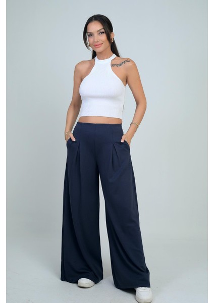 Kadın Beli Lastikli Cepli Önü Pileli Bol Paça Osyho Pantolon