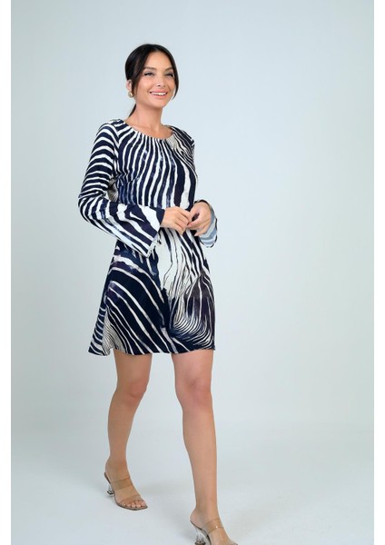 Kadın Yuvarlak Yaka Zebra Desenli Ispanyol Kol Astarlı Kısa Elbise fiyatları