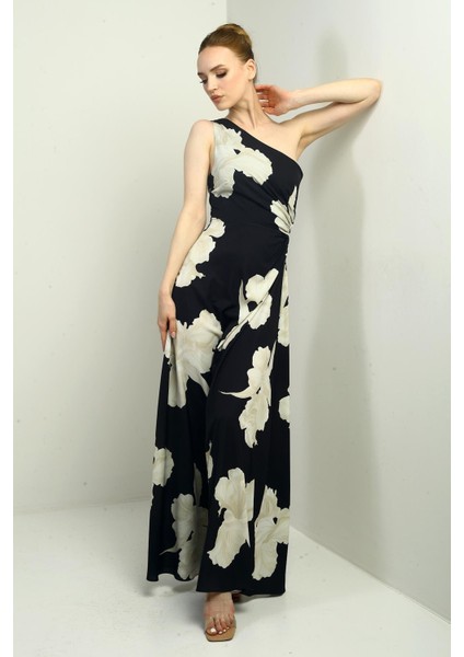 Kadın Tek Omuz Yandan Pencereli Büyük Yaprak Desenli Uzun Krep Saten Elbise