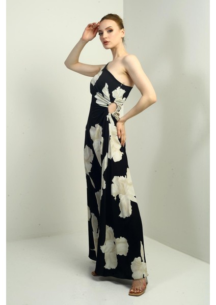 Kadın Tek Omuz Yandan Pencereli Büyük Yaprak Desenli Uzun Krep Saten Elbise fiyatları