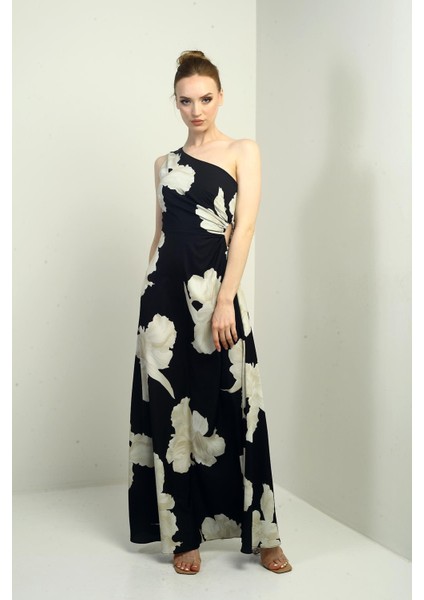 Kadın Tek Omuz Yandan Pencereli Büyük Yaprak Desenli Uzun Krep Saten Elbise modelleri