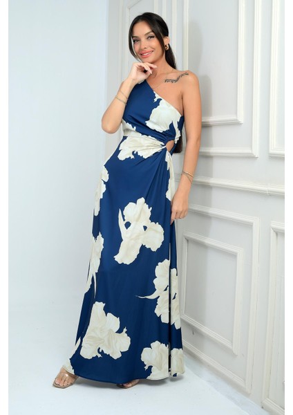 Kadın Tek Omuz Yandan Pencereli Büyük Yaprak Desenli Uzun Krep Saten Elbise