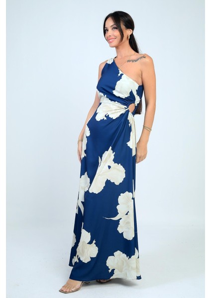 Kadın Tek Omuz Yandan Pencereli Büyük Yaprak Desenli Uzun Krep Saten Elbise modelleri