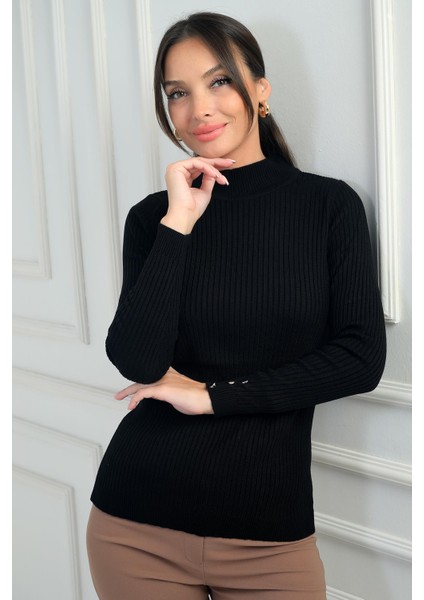 Kadın Balıkçı Yaka Basic Fitilli Kolları Düğme Detaylı Kazak