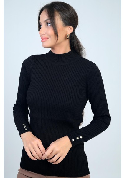 Kadın Balıkçı Yaka Basic Fitilli Kolları Düğme Detaylı Kazak modelleri