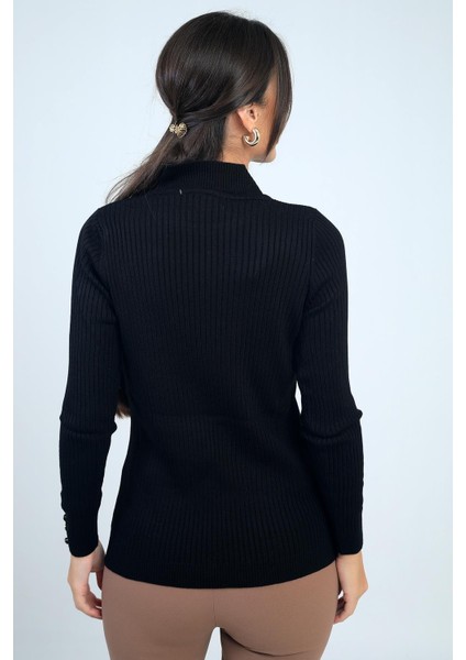 Kadın Balıkçı Yaka Basic Fitilli Kolları Düğme Detaylı Kazak fırsatları