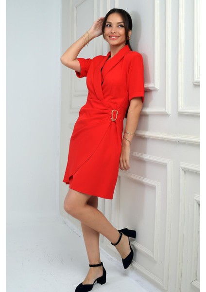 Kadın Şal Yaka Toka Detaylı Vatkalı Kısa Krep Elbise