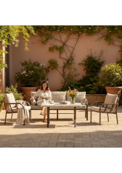 Nergiz Kapiçino Metal 3 1 1 Masa Bahçe Balkon Mobilyası,Krem