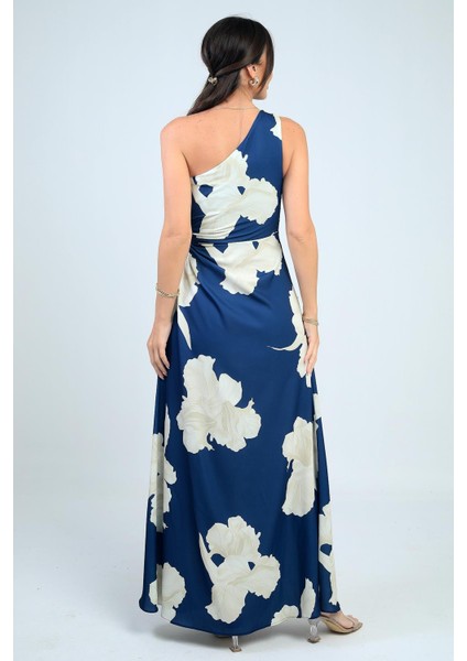 Kadın Tek Omuz Yandan Pencereli Büyük Yaprak Desenli Uzun Krep Saten Elbise fırsatları