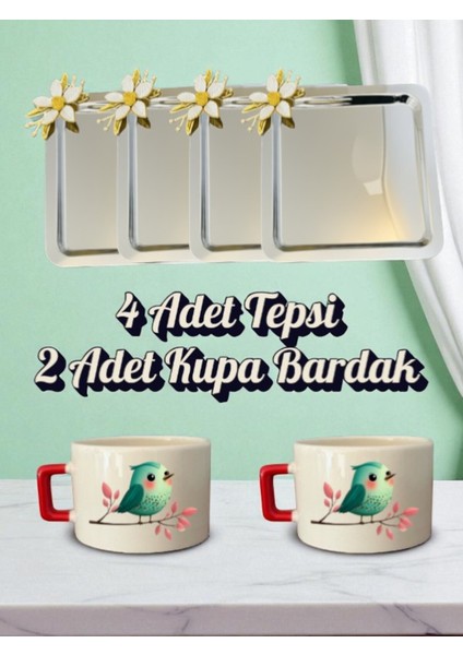 4'lü Papatyalı Tepsi Kahve Sunum Tepsisi 21X21 cm - 2'li Kuşlu Küçük Kahve Bardağı Kupa
