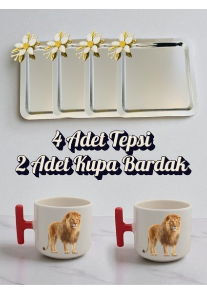 4'lü Papatyalı Tepsi Kahve Sunum Tepsisi 21X21 cm - 2'li Aslanlı Kırmızı Kulplu Kahve Bardağı