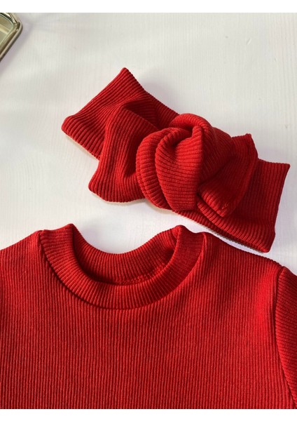 Kırmızı Şort & Tişört, Fiyonklu Kırmızı Çorap Fitilli Kumaş Kız Çocuk ve Bebek 3'lü Giyim Seti