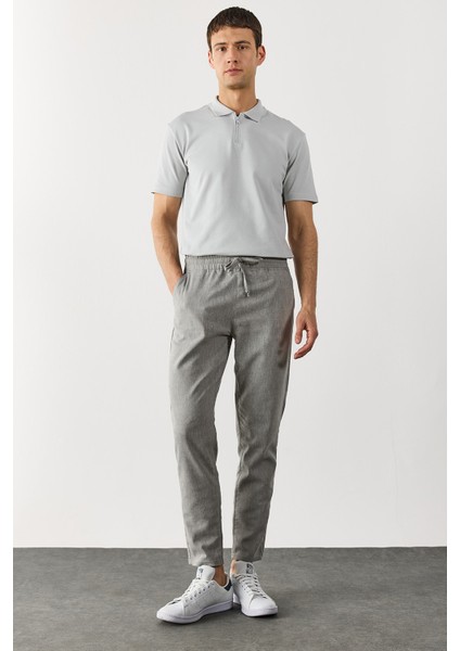 Alfred Beli Lastikli Pamuk Keten Pantolon-Gri modelleri