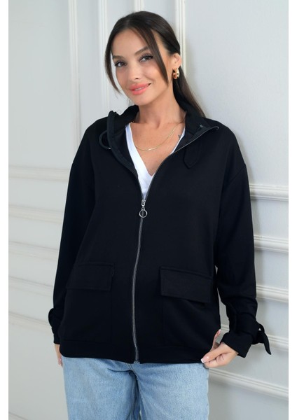 Kadın Önü Fermuarlı Kargo Cepli Toka Detaylı Osyho Kumaş Hırka modelleri