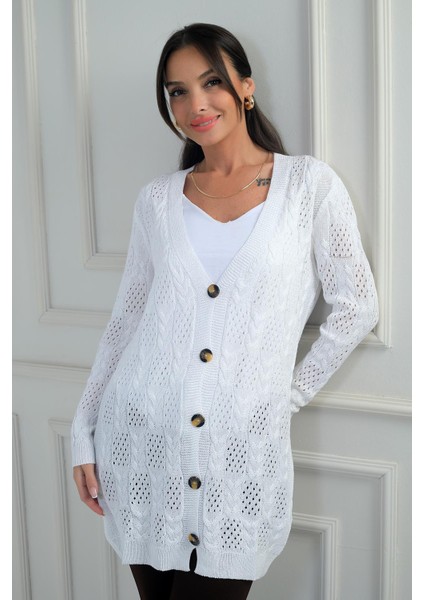 Kadın V Yaka Önü Düğmeli Rahat Kalıp Merserize Hırka