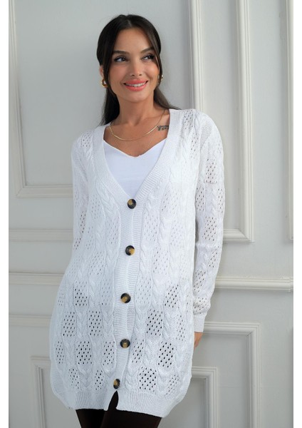 Kadın V Yaka Önü Düğmeli Rahat Kalıp Merserize Hırka fiyatları