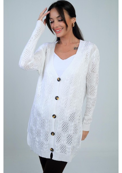 Kadın V Yaka Önü Düğmeli Rahat Kalıp Merserize Hırka modelleri