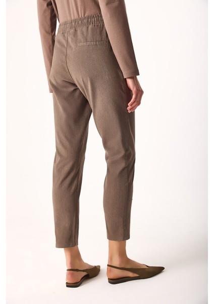 Alian Beli Lastikli Formal Yumuşak Dokulu Pantolon-Vizon