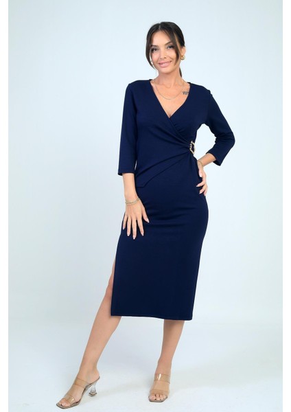 Kadın Kruvaze Yaka Toka Detaylı Yırtmaçlı Midi Elbise fiyatları